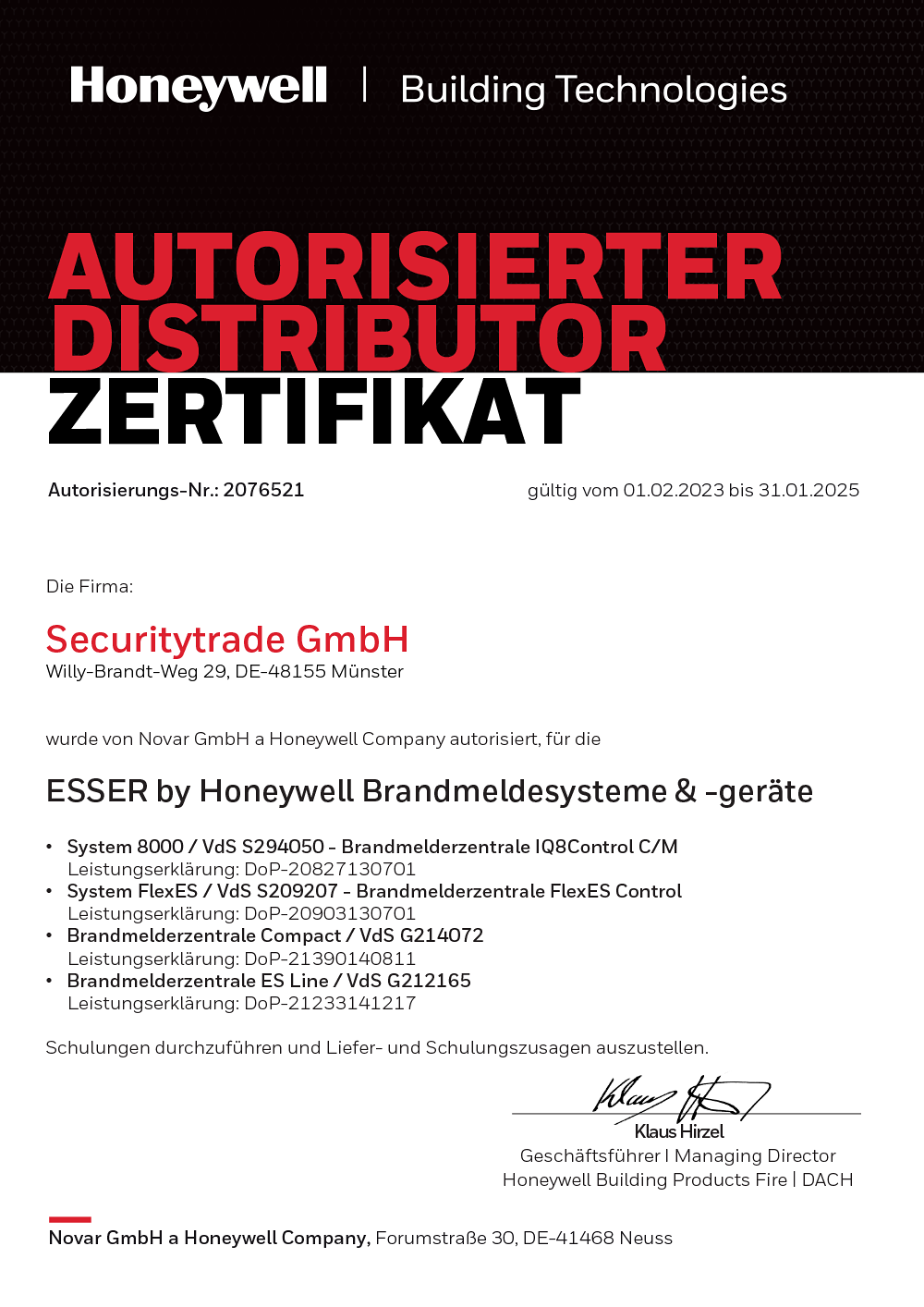 Zertifikat „Autorisierter Distributor“